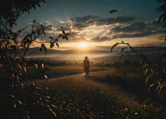 A tribal figure walking through a forest landscape at sunrise, symbolizing Jal Jungle Jameen in Adivasi culture.